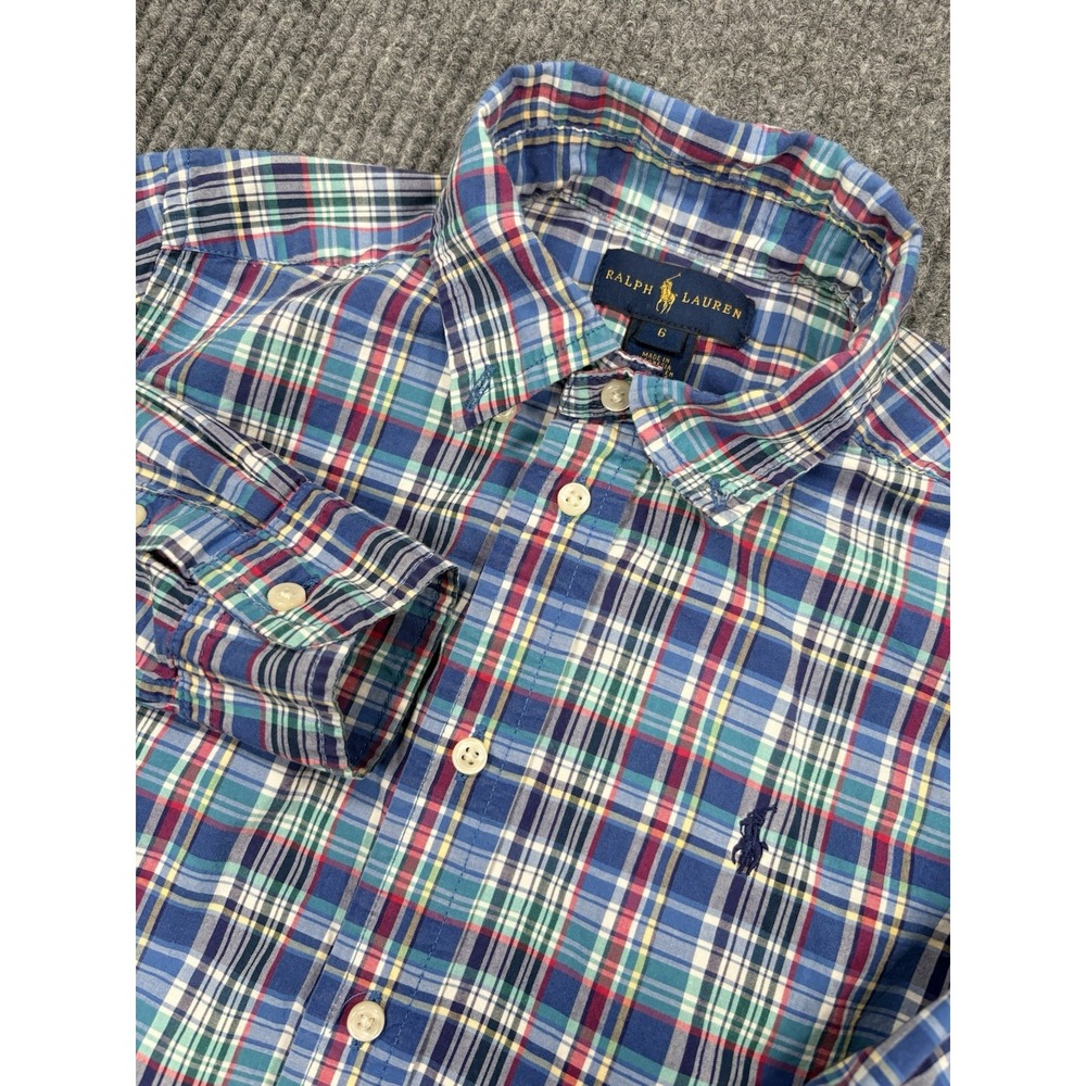Ralph Lauren Boys Size 6 Blue Multicolor Plaid Button Down Shirt Pony Logo